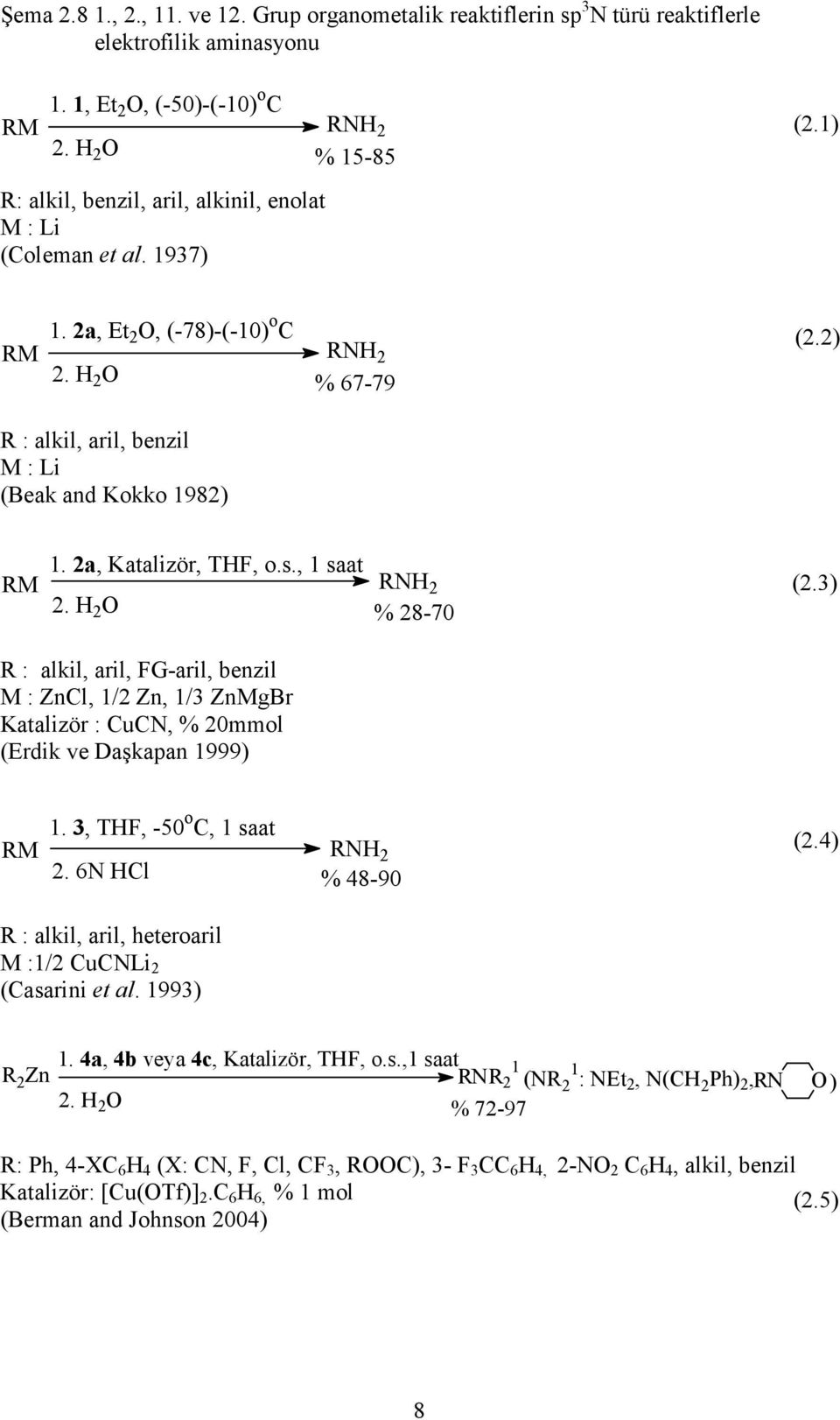 2) R : alkil, aril, benzil M : Li (Beak and Kokko 1982) RM 1. 2a, Katalizör, THF, o.s., 1 saat 2. H 2 O RNH 2 % 28-70 (2.