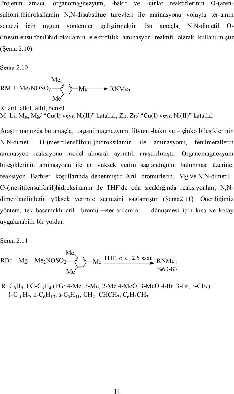 10 Me RM + Me 2 NOSO 2 Me RNMe 2 Me R: aril, alkil, allil, benzil M: Li, Mg, Mg/ Cu(I) veya Ni(II) katalizi, Zn, Zn/ Cu(I) veya Ni(II) katalizi Araştırmamızda bu amaçla, organilmagnezyum,