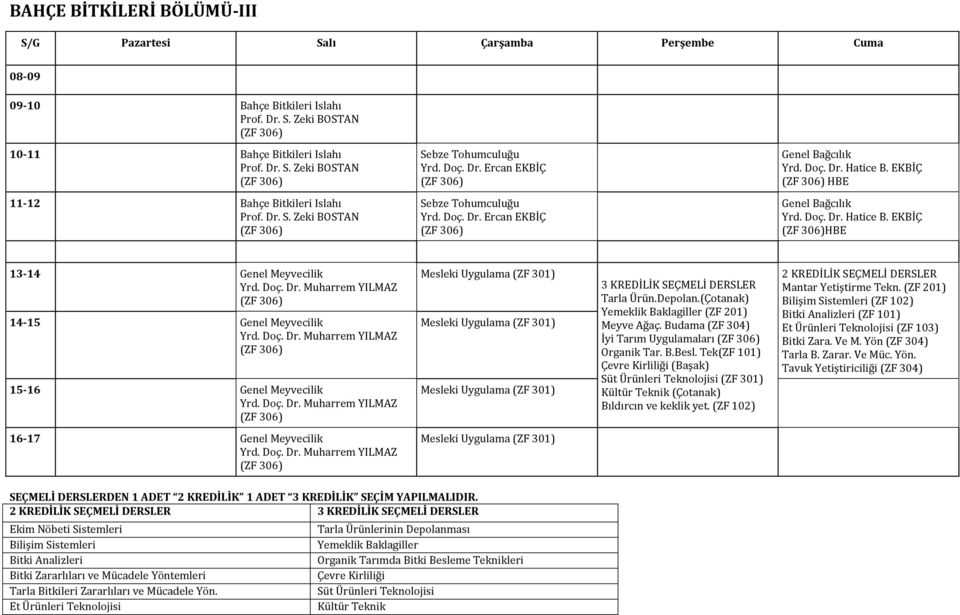 EKBİÇ (ZF 306)HBE 13-14 Genel Meyvecilik Muharrem YILMAZ (ZF 306) 14-15 Genel Meyvecilik Muharrem YILMAZ (ZF 306) 15-16 Genel Meyvecilik Muharrem YILMAZ (ZF 306) Mesleki Uygulama (ZF 301) Mesleki