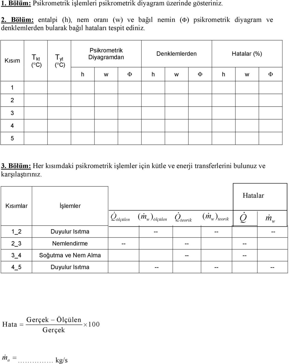 Kısım T kt ( C) T yt ( C) Psikrometrik Diyagramdan Denklemlerden Hatalar (%) h Φ h Φ h Φ 1 2 3 4 5 3.