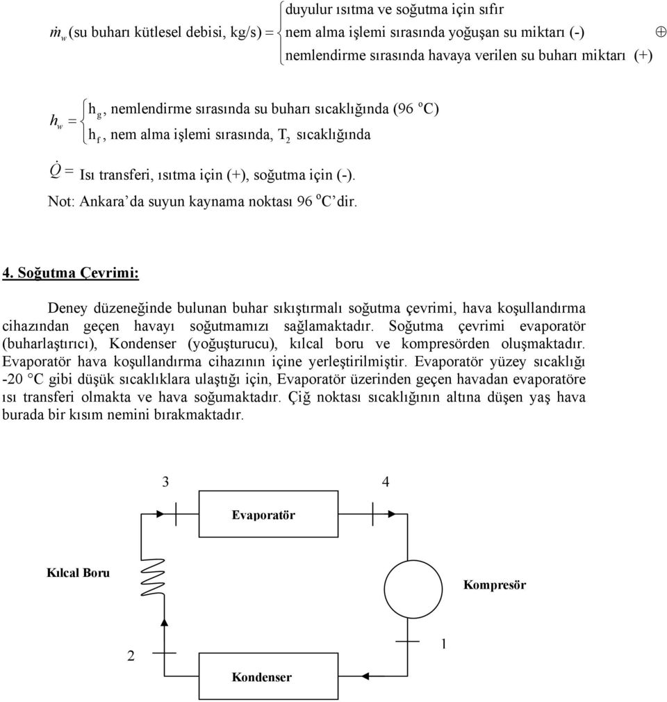 Not: Ankara da suyun kaynama noktası 96 o C dir. 4. Soğutma Çevrimi: Deney düzeneğinde bulunan buhar sıkıştırmalı soğutma çevrimi, hava koşullandırma cihazından geçen havayı soğutmamızı sağlamaktadır.