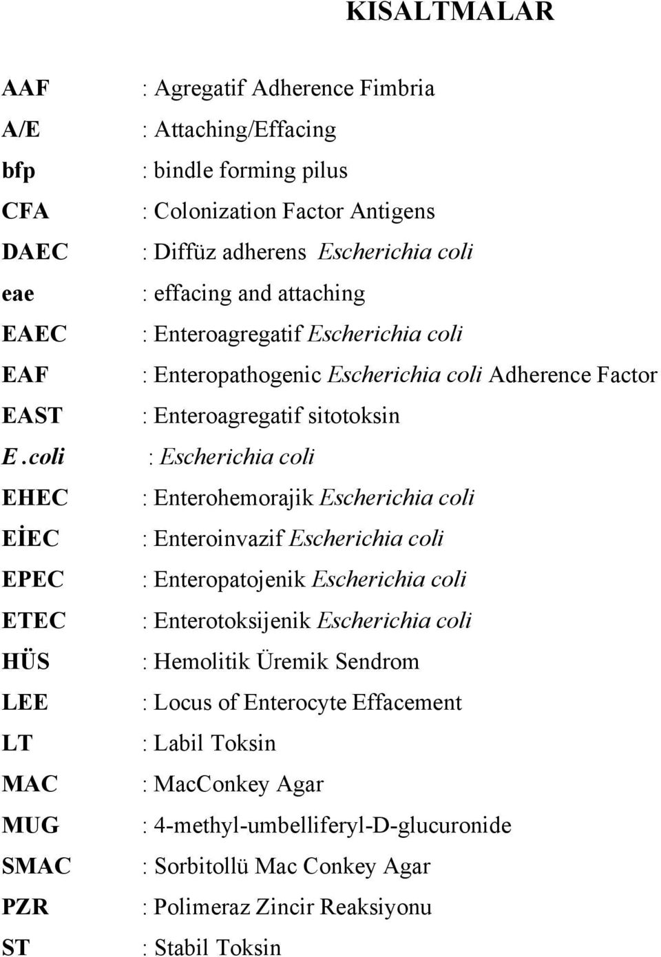 Escherichia coli : effacing and attaching : Enteroagregatif Escherichia coli : Enteropathogenic Escherichia coli Adherence Factor : Enteroagregatif sitotoksin : Escherichia coli :