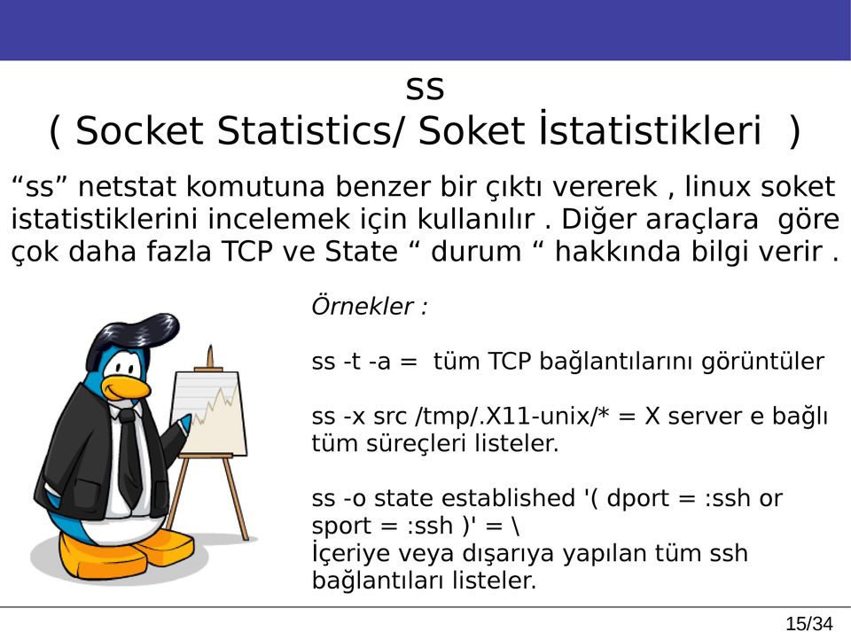 Örnekler : ss -t -a = tüm TCP bağlantılarını görüntüler ss -x src /tmp/.