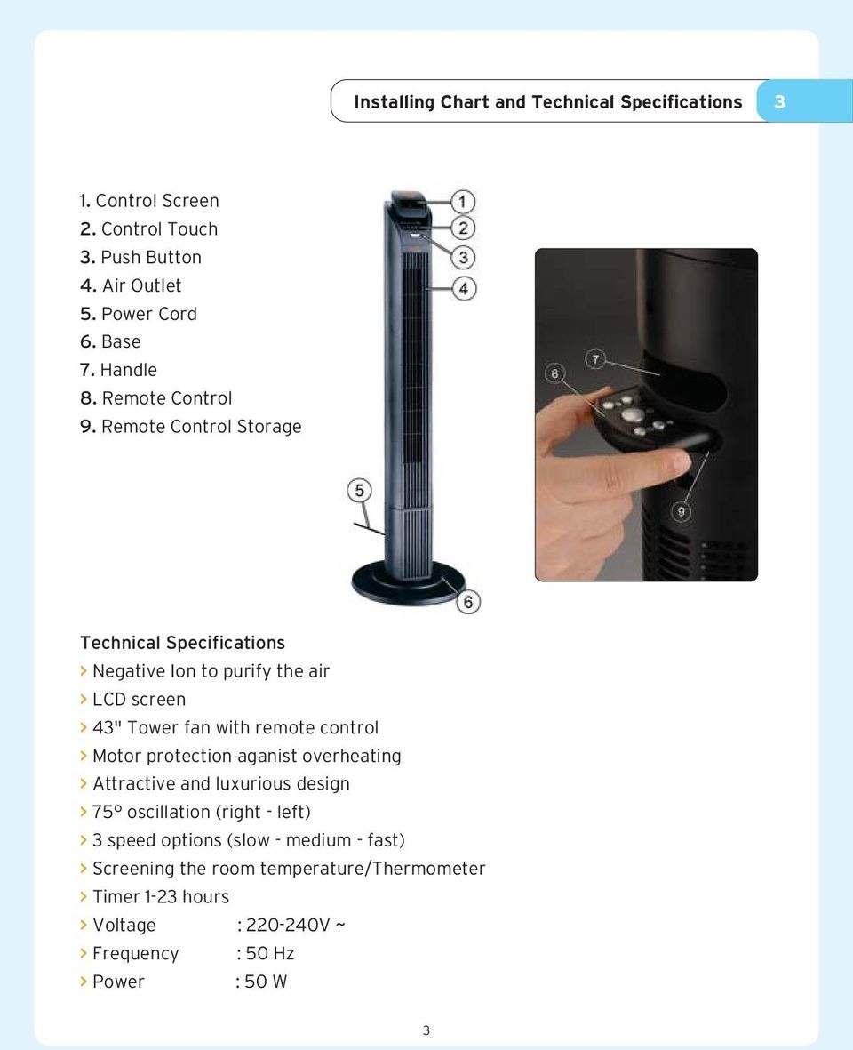 Remote Control Storage Technical Specifications > Negative Ion to purify the air > LCD screen > 43" Tower fan with remote control > Motor