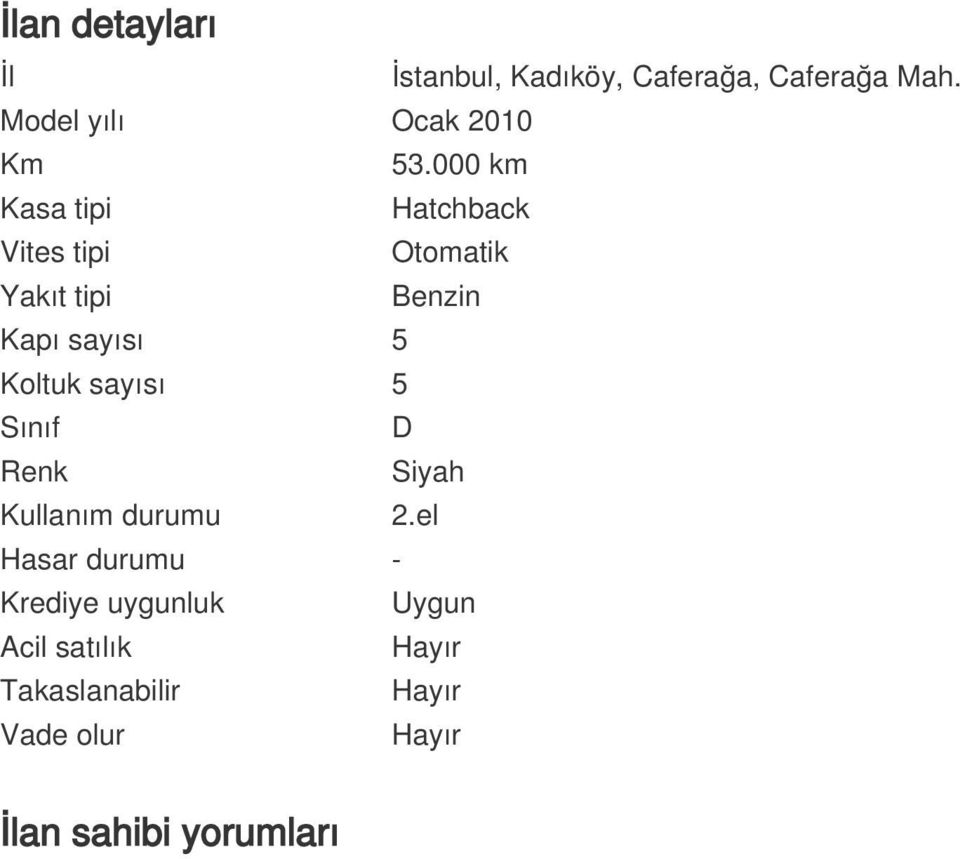 000 km Kasa tipi Hatchback Vites tipi Otomatik Yakıt tipi Benzin Kapı sayısı 5