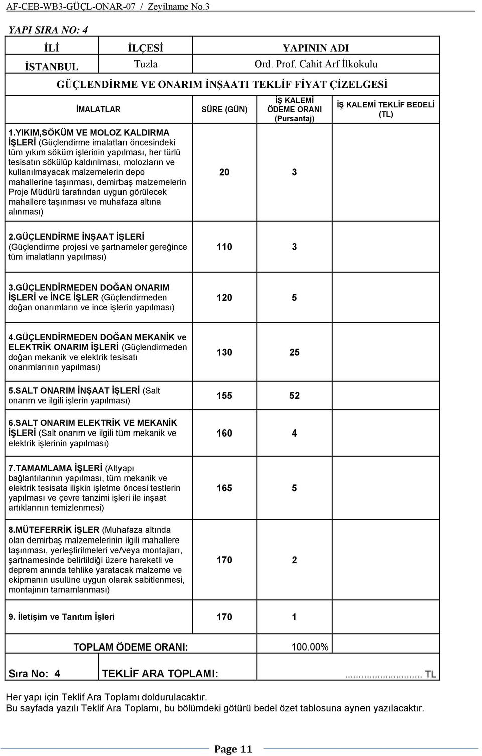 mahallerine taşınması, demirbaş malzemelerin Proje Müdürü tarafından uygun görülecek mahallere taşınması ve muhafaza altına alınması) SÜRE (GÜN) İŞ KALEMİ ÖDEME ORANI (Pursantaj) 20 3 İŞ KALEMİ