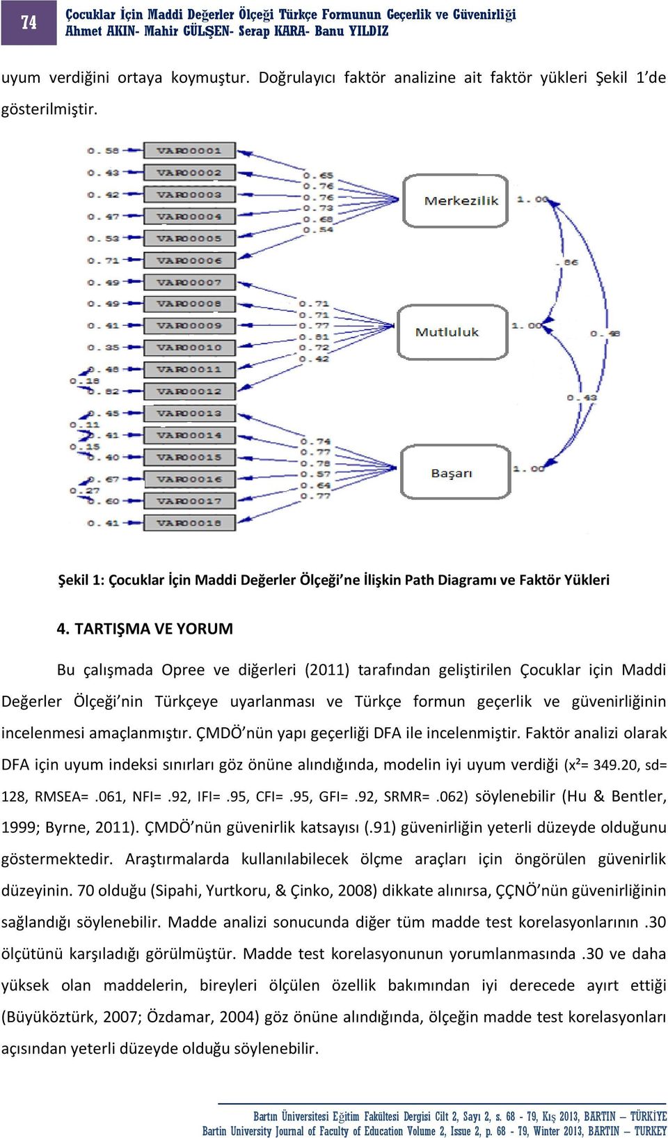 TARTIŞMA VE YORUM Bu çalışmada Opree ve diğerleri (2011) tarafından geliştirilen Çocuklar için Maddi Değerler Ölçeği nin Türkçeye uyarlanması ve Türkçe formun geçerlik ve güvenirliğinin incelenmesi