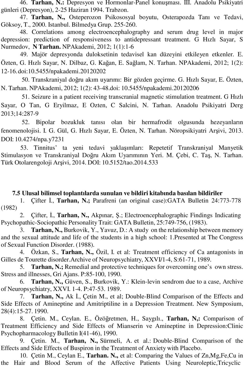 G Hızlı Sayar, S Nurmedov, N Tarhan. NPAkademi, 2012; 1(1):1-6 49. Majör depresyonda duloksetinin tedavisel kan düzeyini etkileyen etkenler. E. Özten, G. Hızlı Sayar, N. Dilbaz, G. Kağan, E.