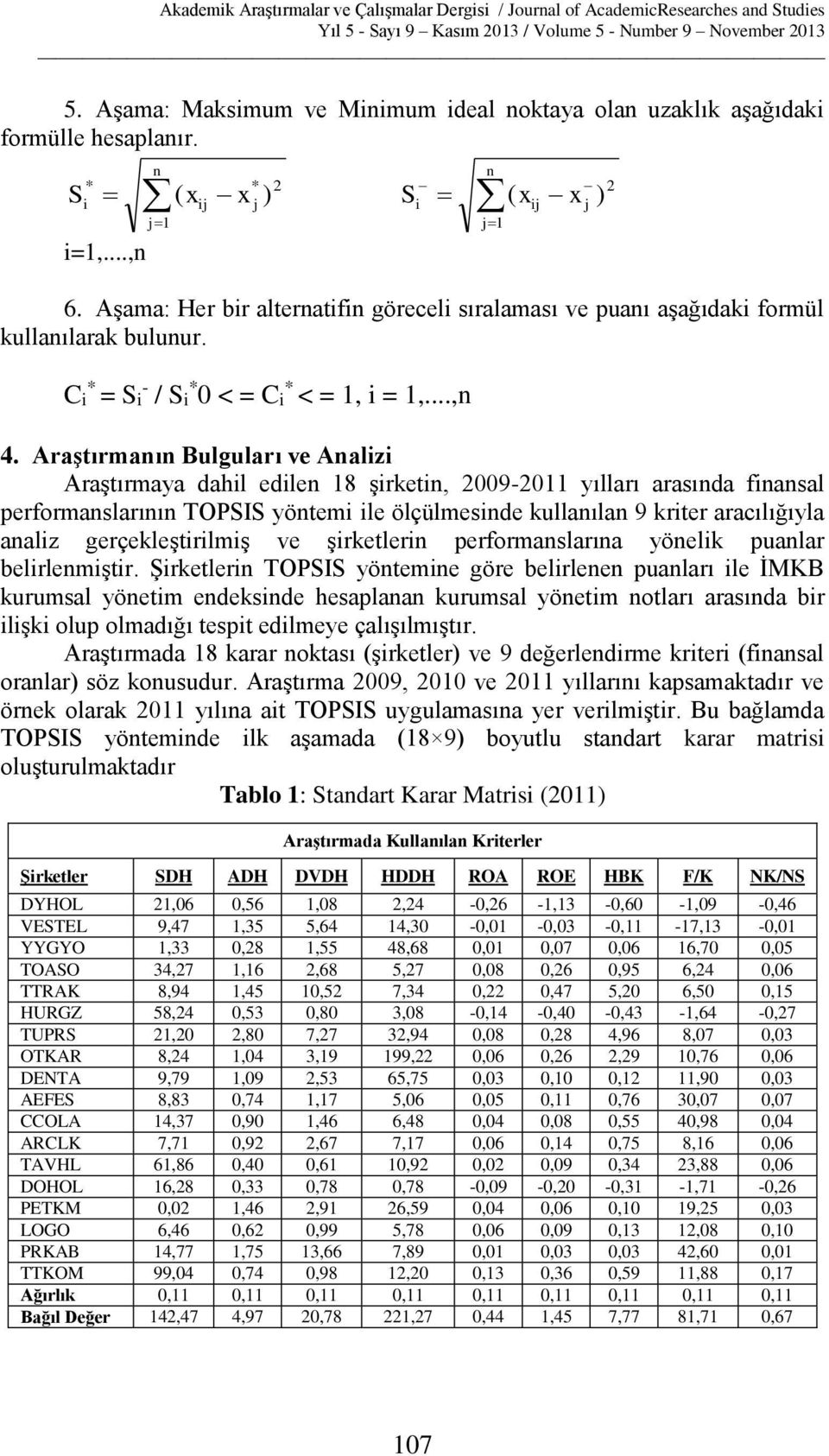 Araştırmanın Bulguları ve Analizi Araştırmaya dahil edilen 18 şirketin, 2009-2011 yılları arasında finansal performanslarının TOPSIS yöntemi ile ölçülmesinde kullanılan 9 kriter aracılığıyla analiz