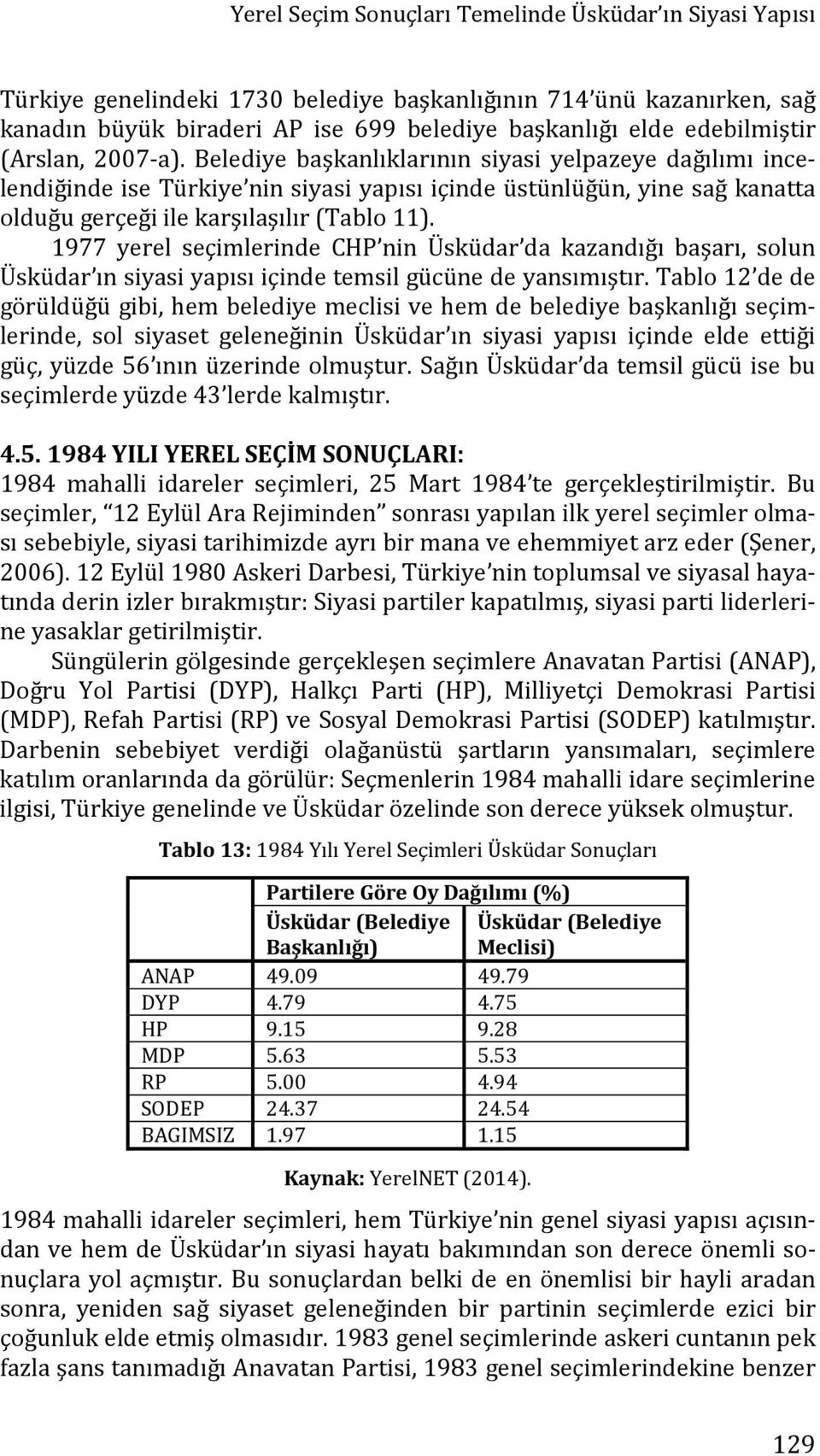 Belediye başkanlıklarının siyasi yelpazeye dağılımı incelendiğinde ise Türkiye nin siyasi yapısı içinde üstünlüğün, yine sağ kanatta olduğu gerçeği ile karşılaşılır (Tablo 11).