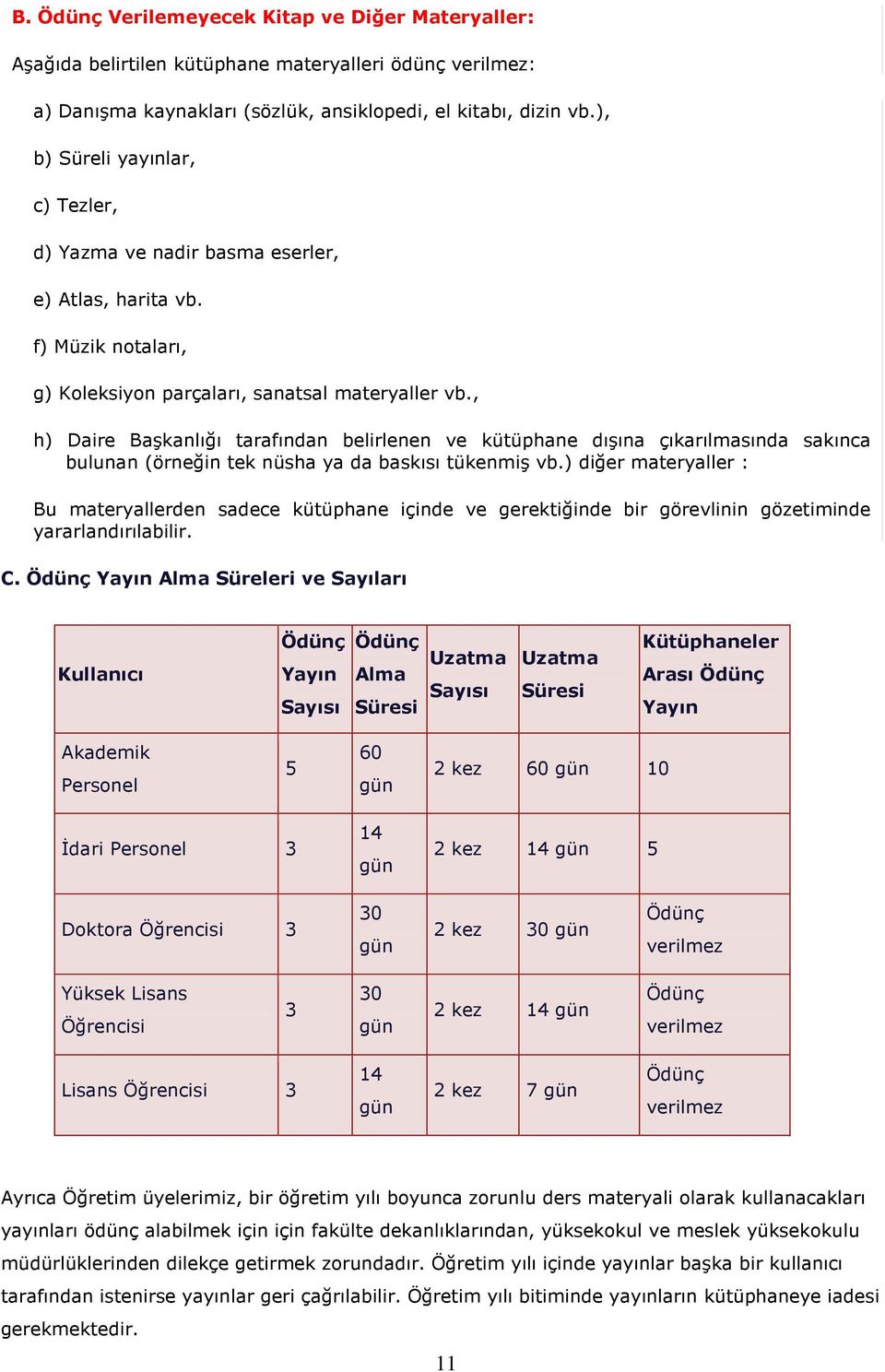 , h) Daire Başkanlığı tarafından belirlenen ve kütüphane dışına çıkarılmasında sakınca bulunan (örneğin tek nüsha ya da baskısı tükenmiş vb.