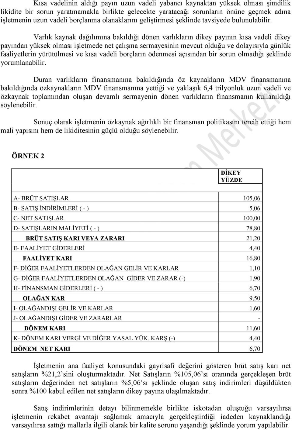 Varlık kaynak dağılımına bakıldığı dönen varlıkların dikey payının kısa vadeli dikey payından yüksek olması işletmede net çalışma sermayesinin mevcut olduğu ve dolayısıyla günlük faaliyetlerin