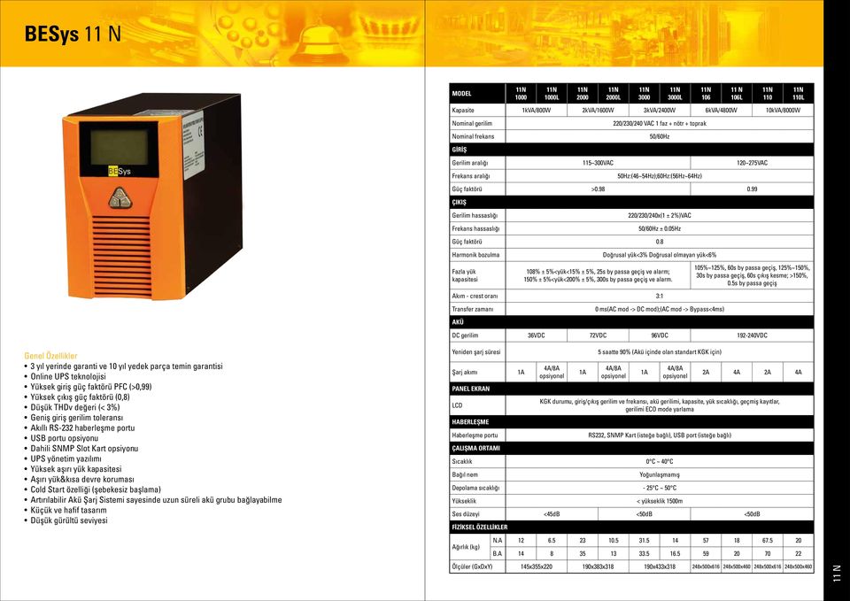 8 Harmonik bozulma Doğrusal yük<3% Doğrusal olmayan yük<6% Fazla yük kapasitesi 108% ± 5%<yük<15% ± 5%, 25s by passa geçiş ve alarm; 150% ± 5%<yük<200% ± 5%, 300s by passa geçiş ve alarm.