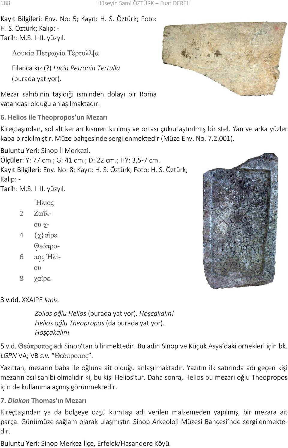 Helios ile Theopropos un Mezarı Kireçtaşından, sol alt kenarı kısmen kırılmış ve ortası çukurlaştırılmış bir stel. Yan ve arka yüzler kaba bırakılmıştır. Müze bahçesinde sergilenmektedir (Müze Env.