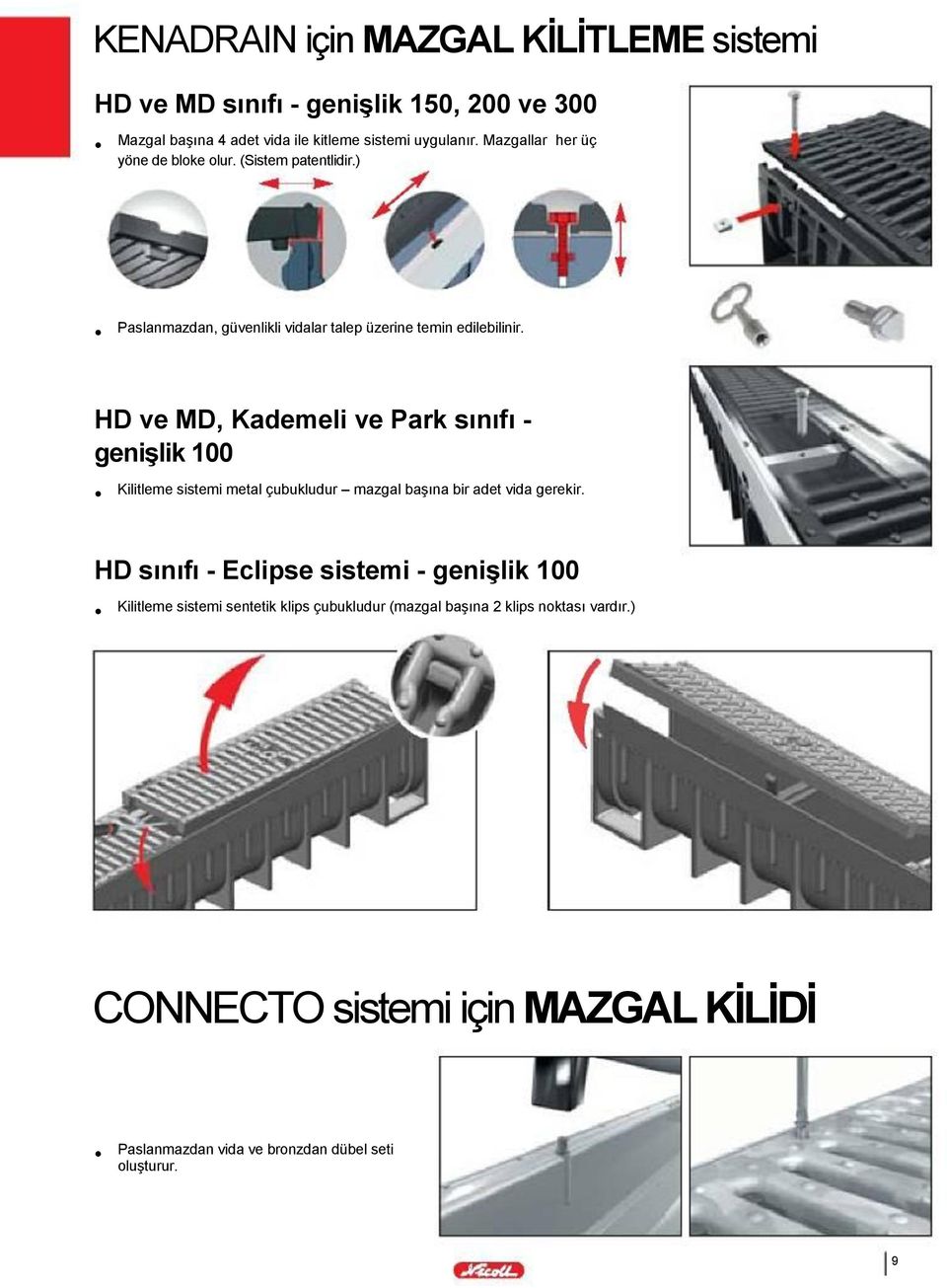 HD ve MD, Kademeli ve Park sınıfı - genişlik 100 Kilitleme sistemi metal çubukludur mazgal başına bir adet vida gerekir.