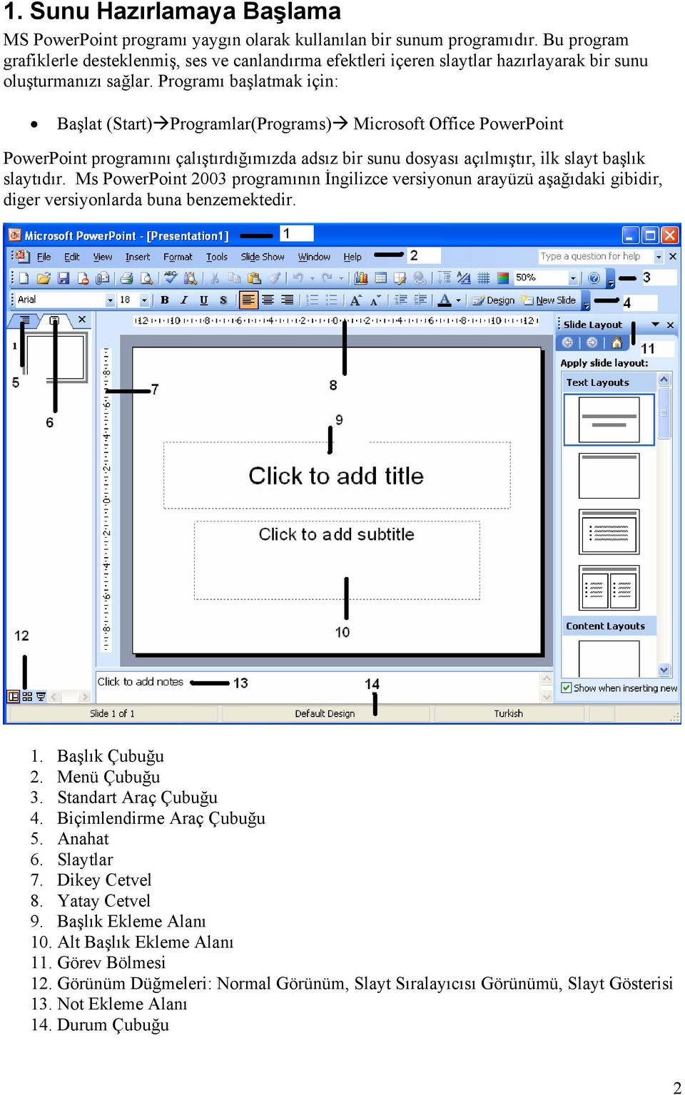 Programı başlatmak için: Başlat (Start) Programlar(Programs) Microsoft Office PowerPoint PowerPoint programını çalıştırdığımızda adsız bir sunu dosyası açılmıştır, ilk slayt başlık slaytıdır.