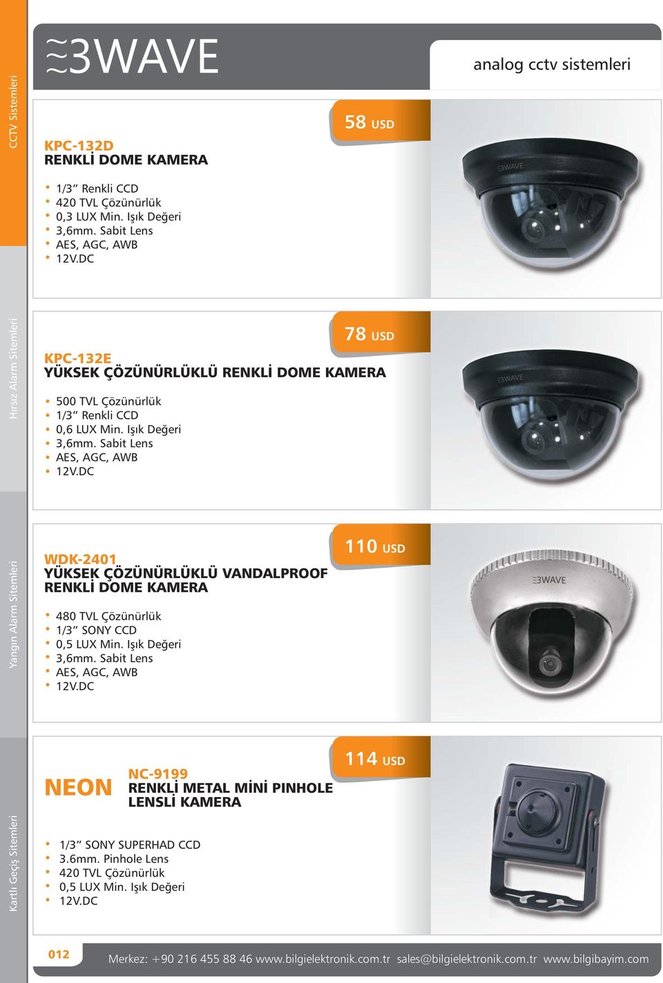 Sabit Lens AES, AGC, AWB WDK-2401 YÜKSEK ÇÖZÜNÜRLÜKLÜ VANDALPROOF RENKLİ DOME KAMERA 480 TVL Çözünürlük 1/3 SONY CCD 0,5 LUX Min. Işık Değeri 3,6mm.
