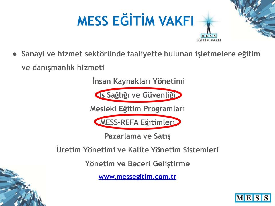 Mesleki Eğitim Programları MESS-REFA Eğitimleri Pazarlama ve Satış Üretim