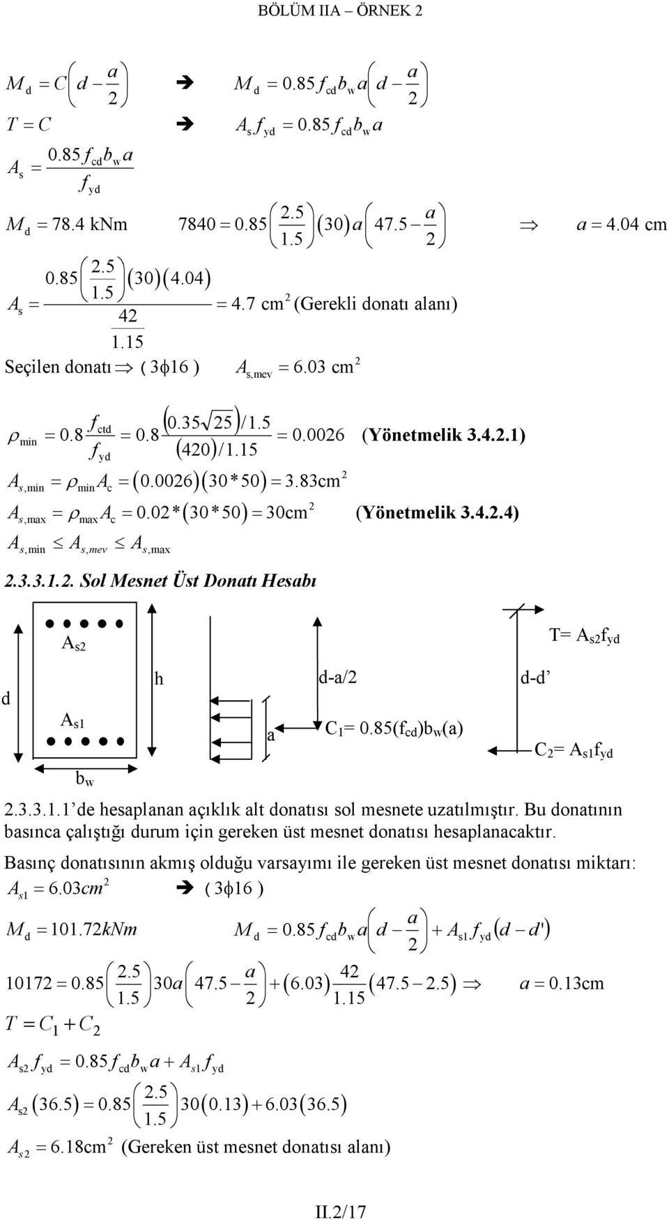 0* 30*50 = 30cm (Yöntmlik 3.4..4) A A A s, min s, mv s,max a = 4.04 cm.3.3.1.. Sol snt Üst Donatı Hsabı A s T= A s f yd d h d-a/ d-d A s1 a C 1 = 0.85(f cd )b w (a) C = A s1 f yd.3.3.1.1 d hsaplanan açıklık alt donatısı sol msnt uzatılmıştır.