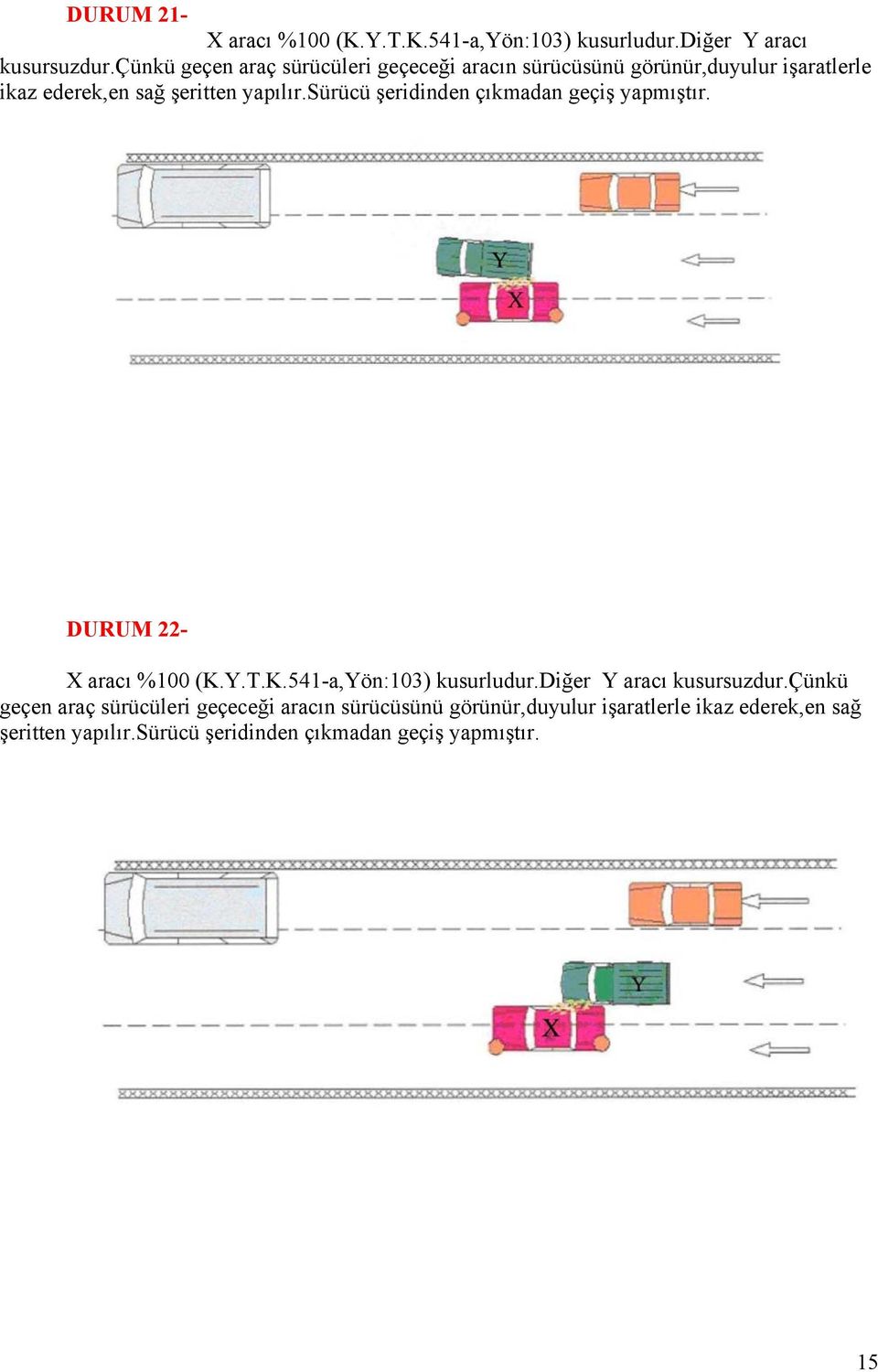 sürücü şeridinden çıkmadan geçiş yapmıştır. DURUM 22- X aracı %100 (K.Y.T.K.541-a,Yön:103) kusurludur.