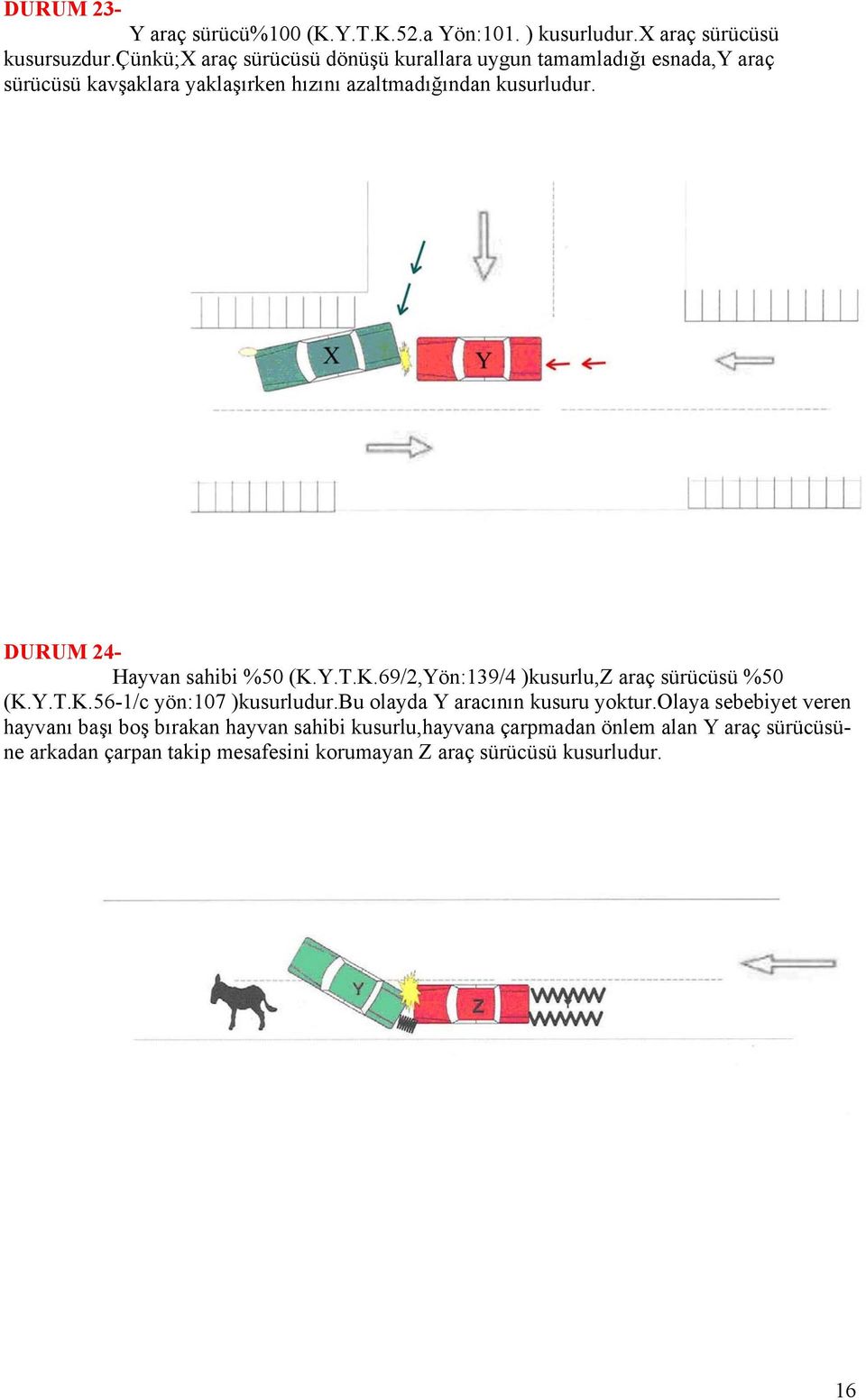 DURUM 24- Hayvan sahibi %50 (K.Y.T.K.69/2,Yön:139/4 )kusurlu,z araç sürücüsü %50 (K.Y.T.K.56-1/c yön:107 )kusurludur.