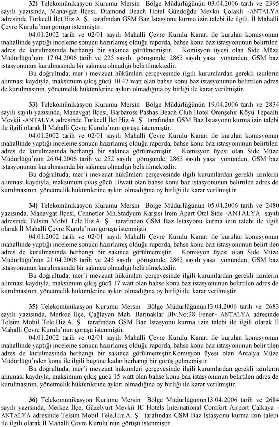 2006 tarih ve 225 sayılı görüşünde, 2863 sayılı yasa yönünden, GSM baz istasyonunun kurulmasında bir sakınca olmadığı belirtilmektedir. alınması kaydıyla, maksimum çıkış gücü 10.