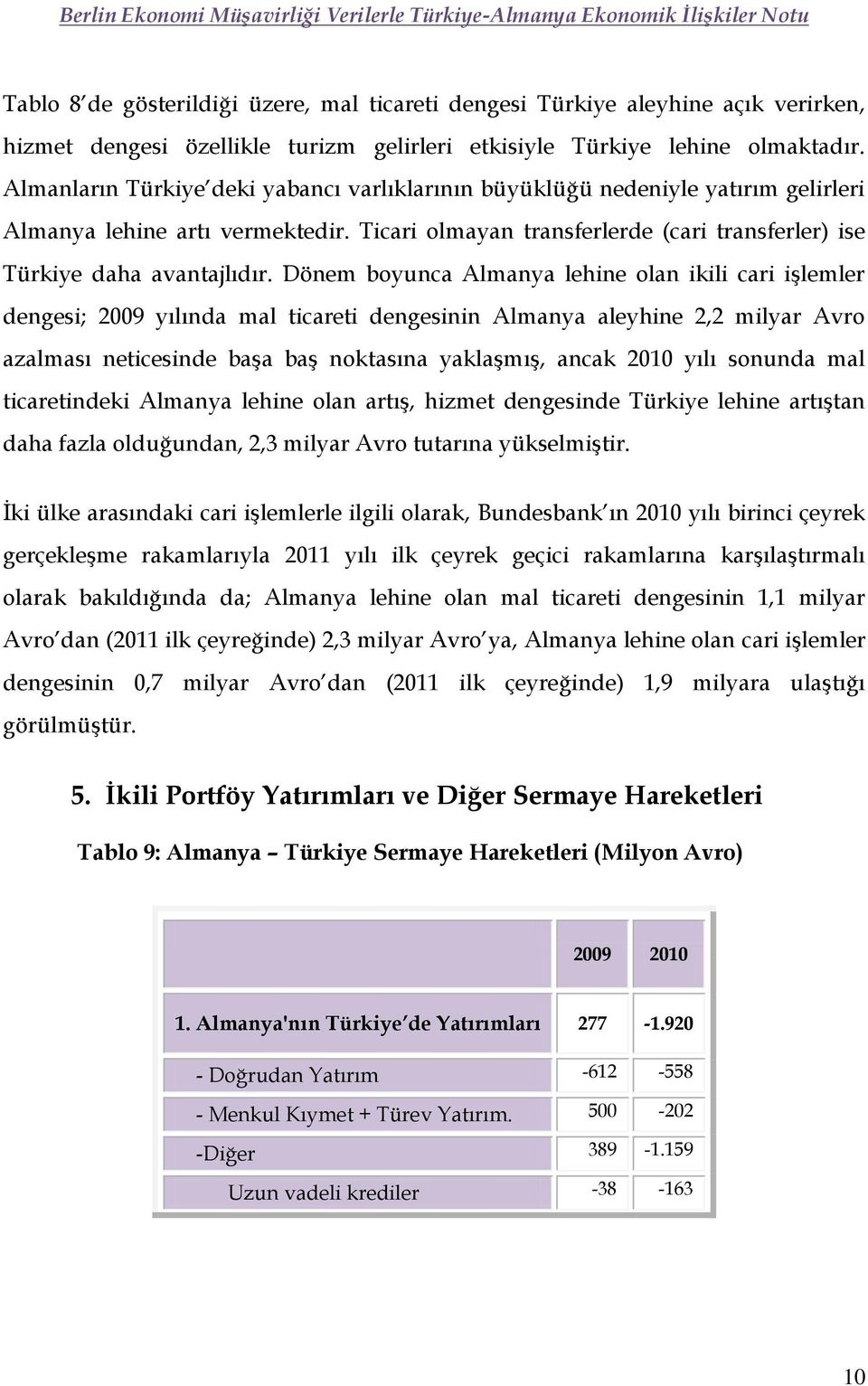 Dönem boyunca Almanya lehine olan ikili cari işlemler dengesi; 2009 yılında mal ticareti dengesinin Almanya aleyhine 2,2 milyar Avro azalması neticesinde başa baş noktasına yaklaşmış, ancak 2010 yılı