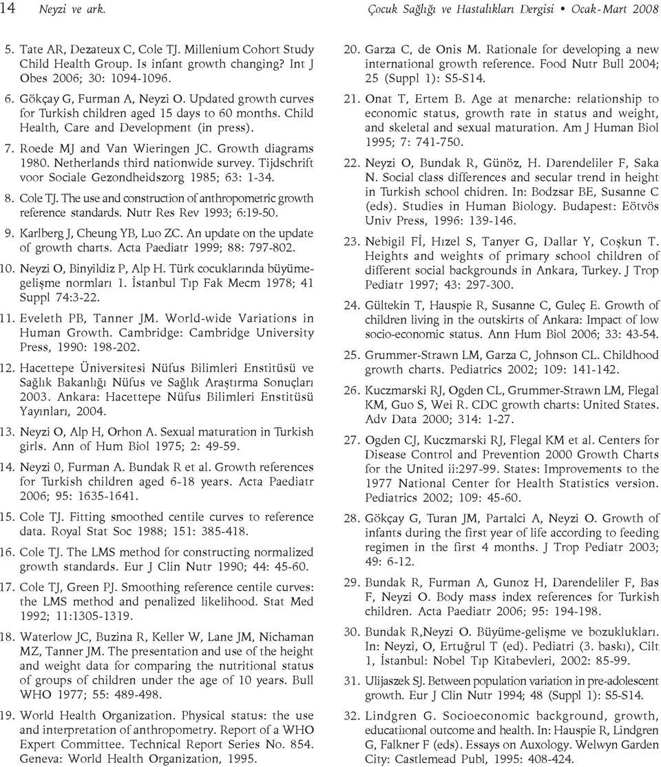 Roede MJ and Van Wieringen JC. Growth diagrams 1980. Netherlands third nationwide survey. Tijdschrift voor Sociale Gezondheidszorg 1985; 63: 1-34. 8. Cole TJ.