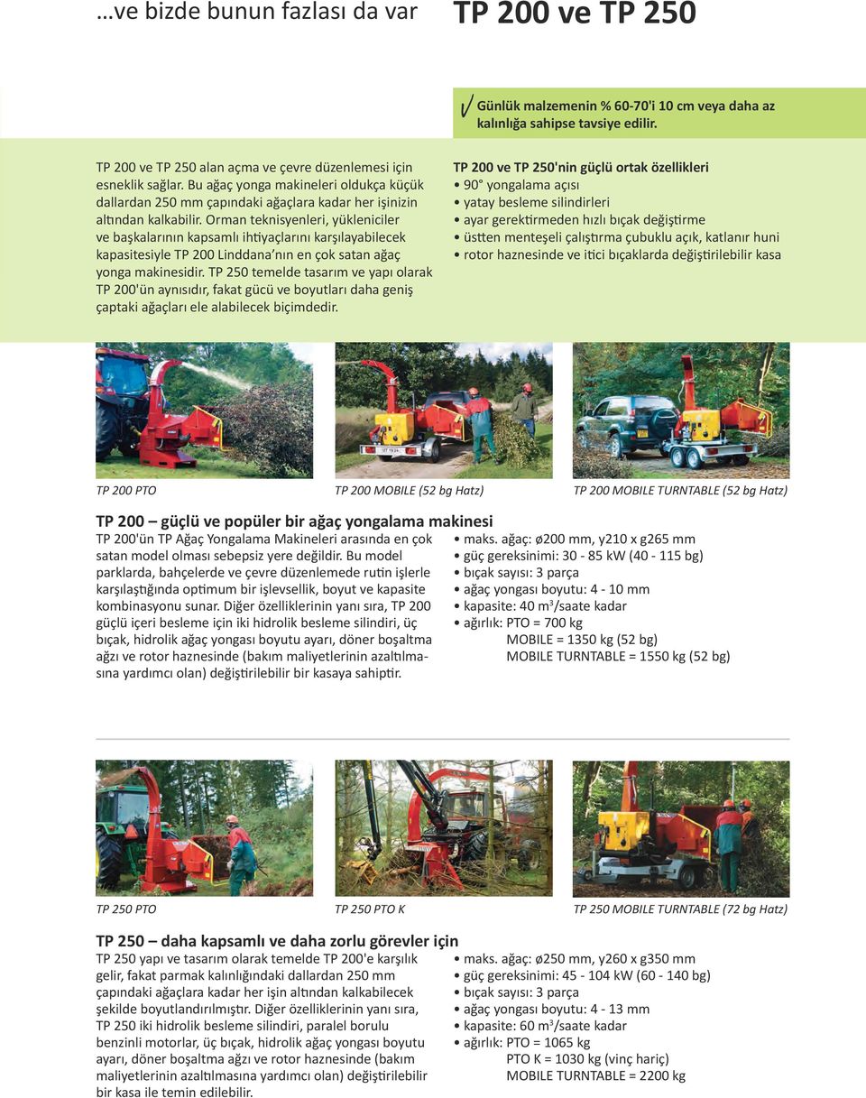 Orman teknisyenleri, yükleniciler ve başkalarının kapsamlı ihtiyaçlarını karşılayabilecek kapasitesiyle TP 200 Linddana nın en çok satan ağaç yonga makinesidir.
