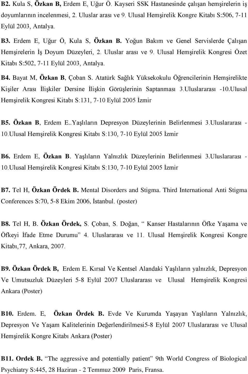 Ulusal Hemşirelik Kongresi Özet Kitabı S:502, 7-11 Eylül 2003, Antalya. B4. Bayat M, Özkan B, Çoban S.