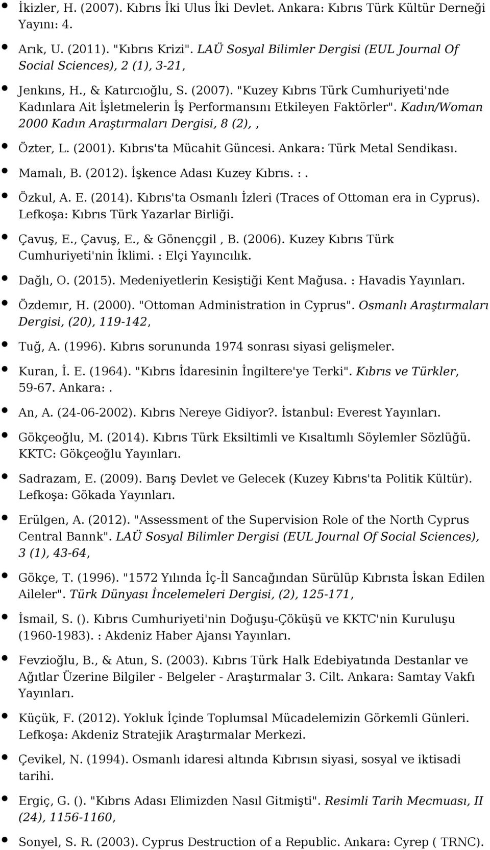 "Kuzey Kıbrıs Türk Cumhuriyeti'nde Kadınlara Ait İşletmelerin İş Performansını Etkileyen Faktörler". Kadın/Woman 2000 Kadın Araştırmaları Dergisi, 8 (2),, Özter, L. (2001). Kıbrıs'ta Mücahit Güncesi.