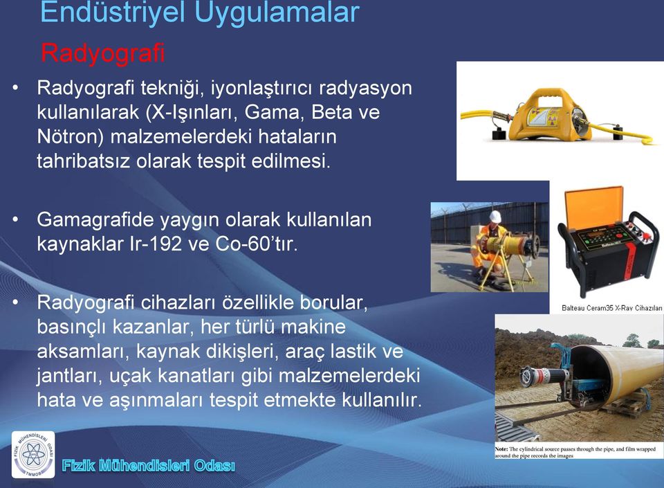 Gamagrafide yaygın olarak kullanılan kaynaklar Ir-192 ve Co-60 tır.