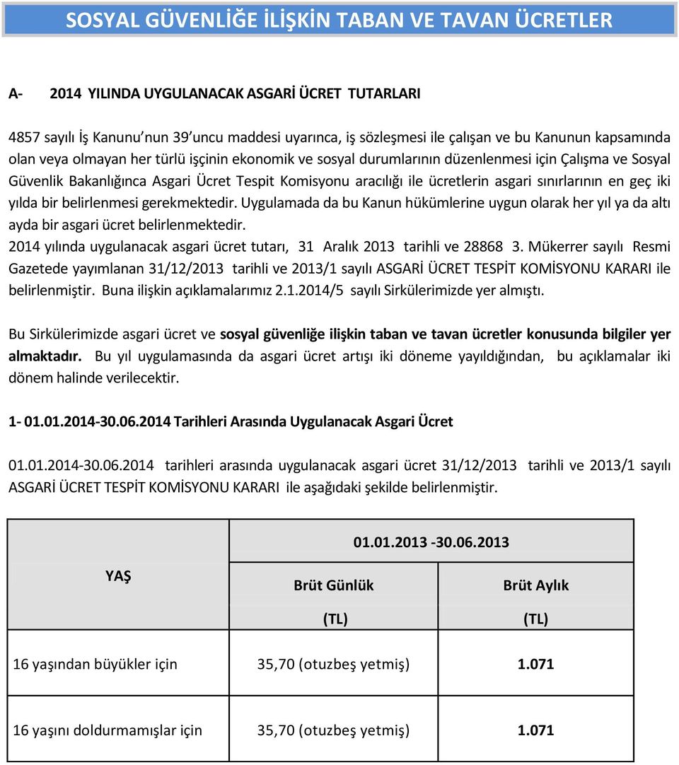 sınırlarının en geç iki yılda bir belirlenmesi gerekmektedir. Uygulamada da bu Kanun hükümlerine uygun olarak her yıl ya da altı ayda bir asgari ücret belirlenmektedir.