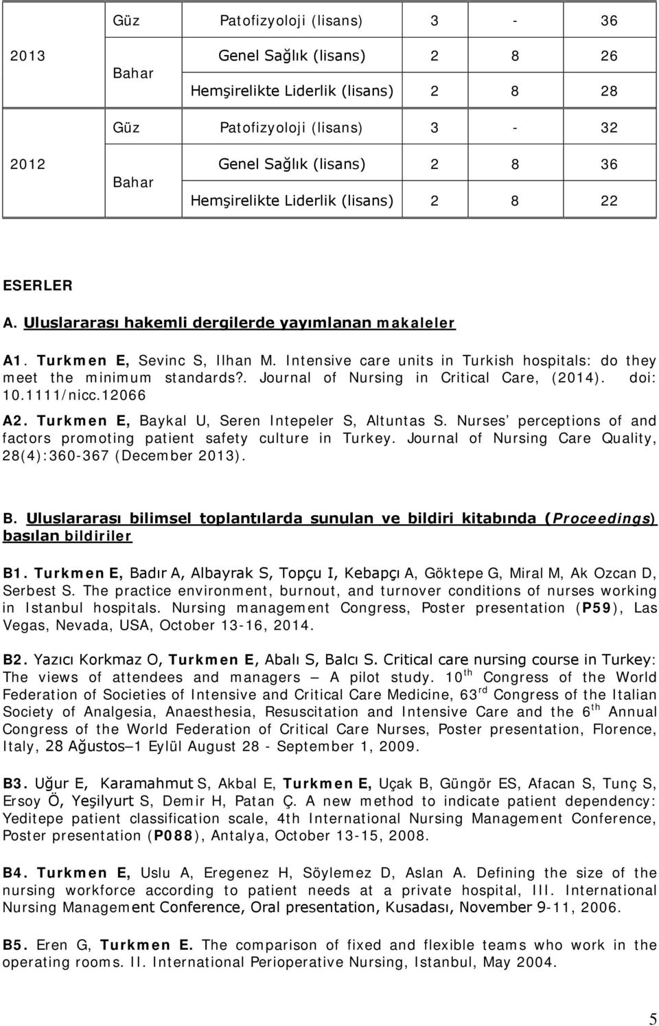 Intensive care units in Turkish hospitals: do they meet the minimum standards?. Journal of Nursing in Critical Care, (2014). doi: 10.1111/nicc.12066 A2.