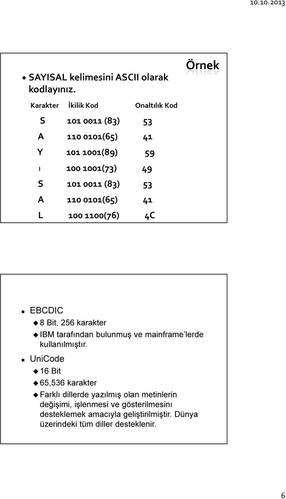 0011 (83) 53 A 110 0101(65) 41 L 100 1100(76) 4C EBCDIC 8 Bit, 256 karakter IBM tarafından bulunmuş ve mainframe lerde