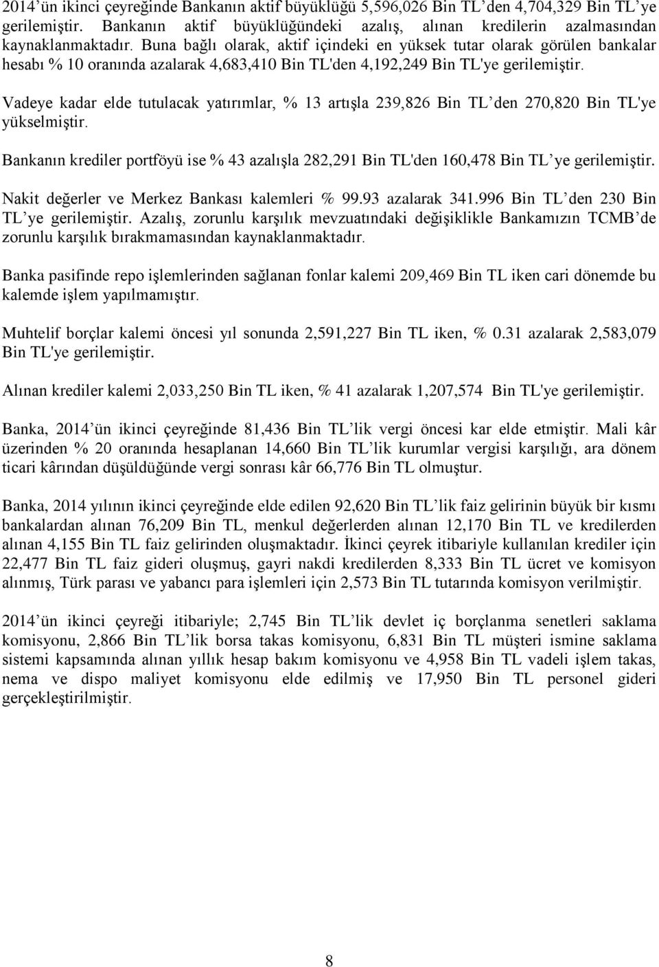 Vadeye kadar elde tutulacak yatırımlar, % 13 artışla 239,826 Bin TL den 270,820 Bin TL'ye yükselmiştir. Bankanın krediler portföyü ise % 43 azalışla 282,291 Bin TL'den 160,478 Bin TL ye gerilemiştir.