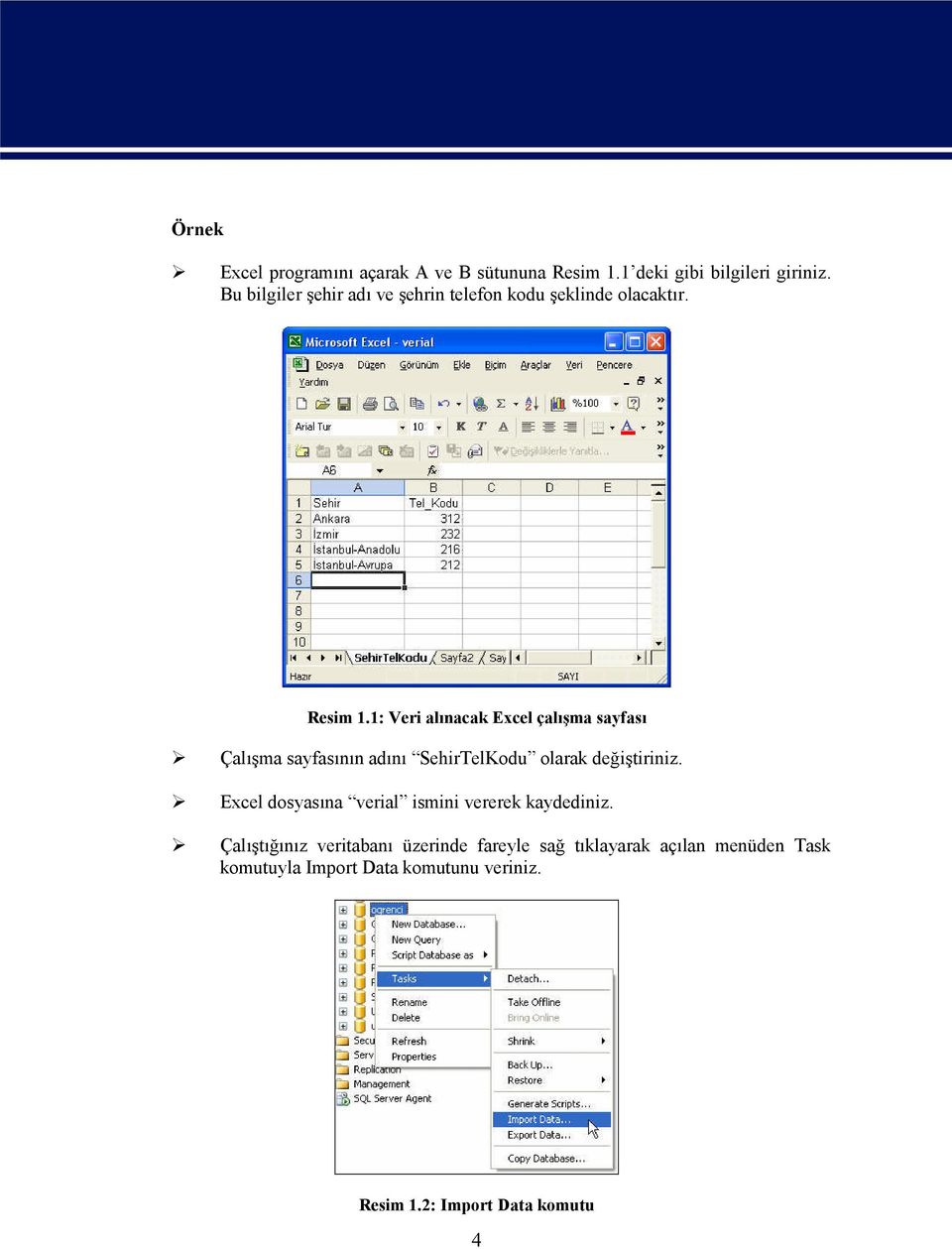 1: Veri alınacak Excel çalışma sayfası Çalışma sayfasının adını SehirTelKodu olarak değiştiriniz.