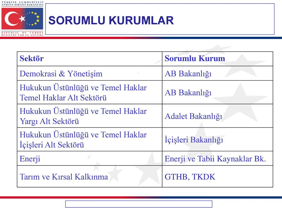 ve Temel Haklar İçişleri Alt Sektörü Enerji Tarım ve Kırsal Kalkınma Sorumlu Kurum AB