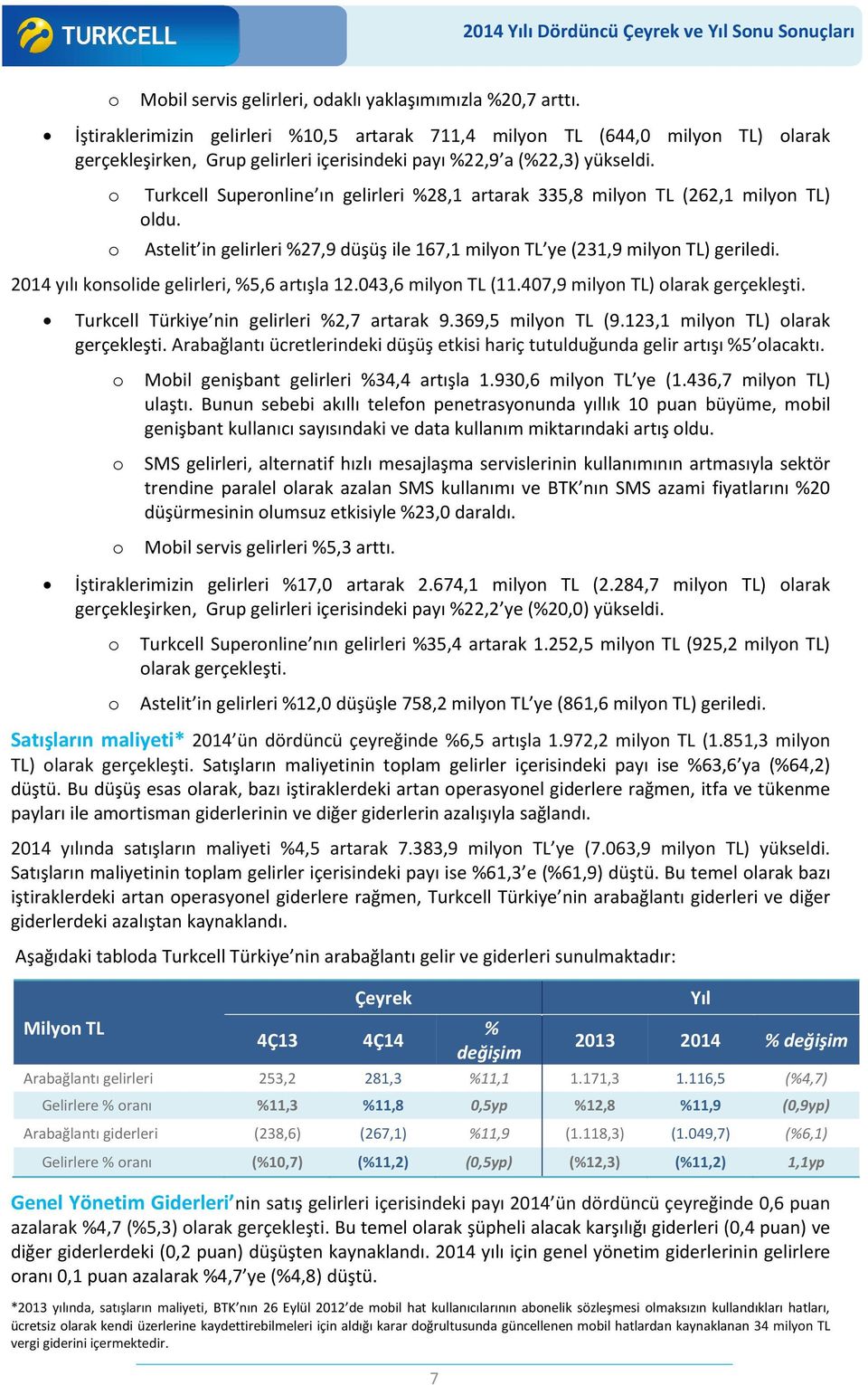 o o Turkcell Superonline ın gelirleri %28,1 artarak 335,8 milyon TL (262,1 milyon TL) oldu. Astelit in gelirleri %27,9 düşüş ile 167,1 milyon TL ye (231,9 milyon TL) geriledi.