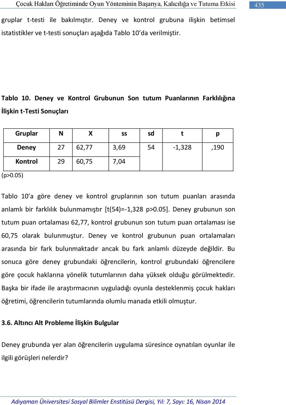 da verilmiştir. Tablo 10. Deney ve Kontrol Grubunun Son tutum Puanlarının Farklılığına İlişkin t-testi Sonuçları Gruplar N X ss sd t p Deney 27 62,77 3,69 54-1,328,190 Kontrol 29 60,75 7,04 (p>0.