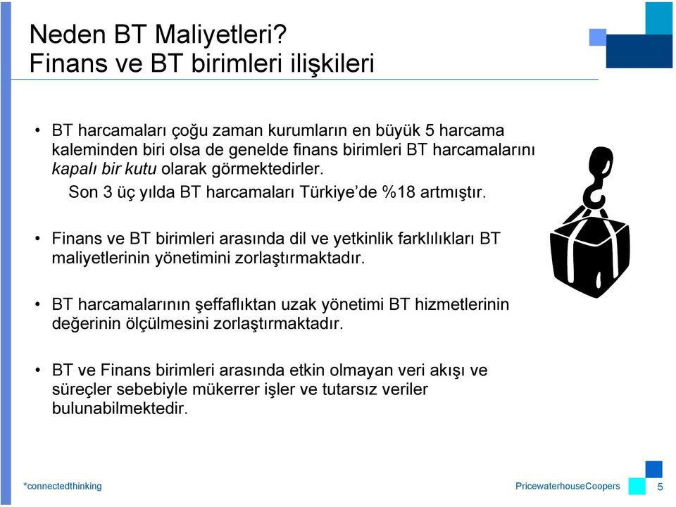 kapalı bir kutu olarak görmektedirler. Son 3 üç yılda BT harcamaları Türkiye de %18 artmıştır.