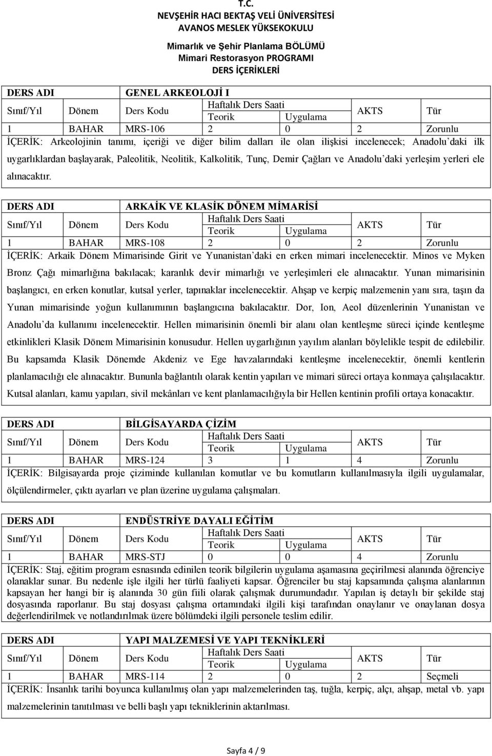 ARKAİK VE KLASİK DÖNEM MİMARİSİ 1 BAHAR MRS-108 2 0 2 Zorunlu İÇERİK: Arkaik Dönem Mimarisinde Girit ve Yunanistan daki en erken mimari incelenecektir.