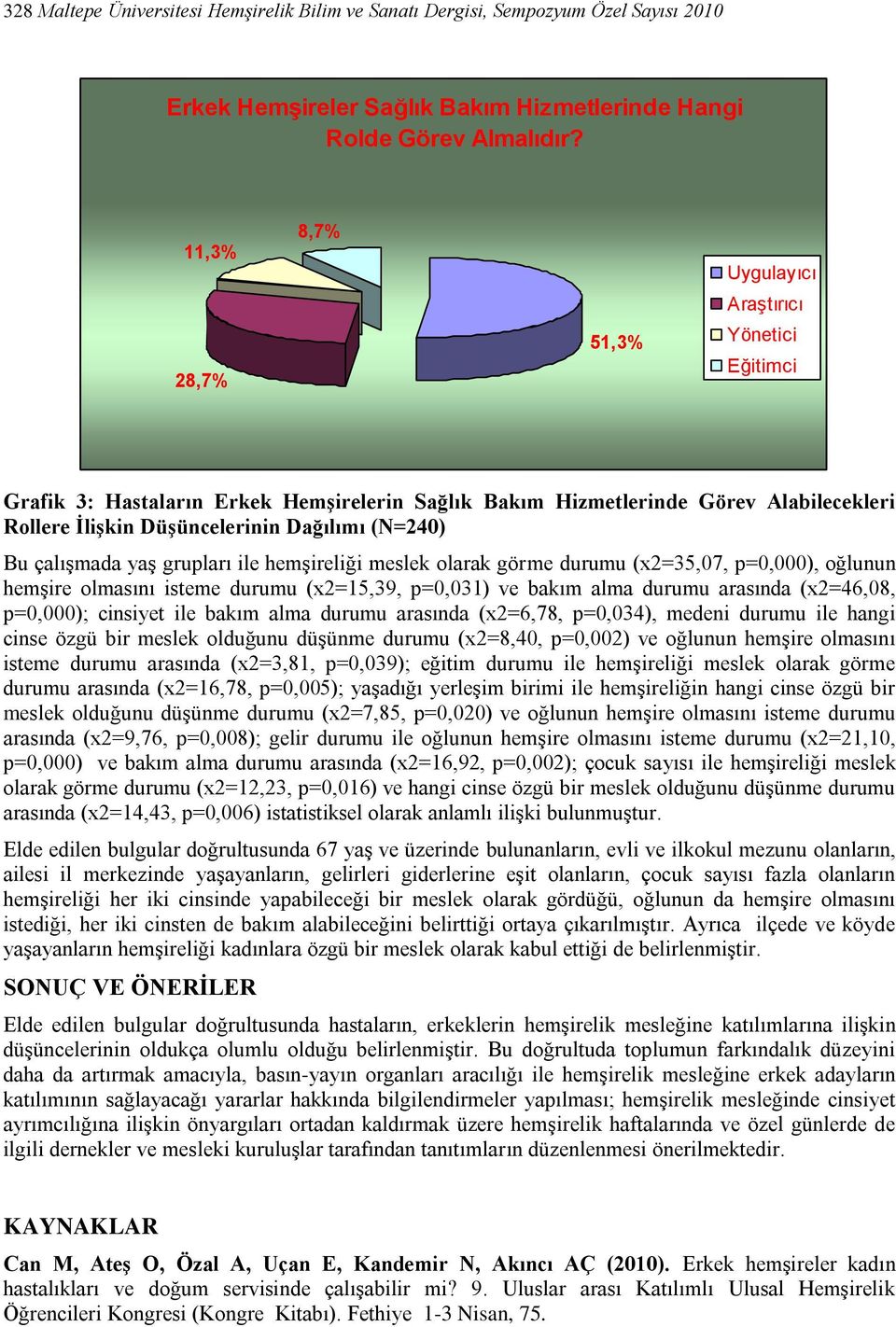 Bu çalışmada yaş grupları ile hemşireliği meslek olarak görme durumu (x2=35,07, p=0,000), oğlunun hemşire olmasını isteme durumu (x2=15,39, p=0,031) ve bakım alma durumu arasında (x2=46,08, p=0,000);