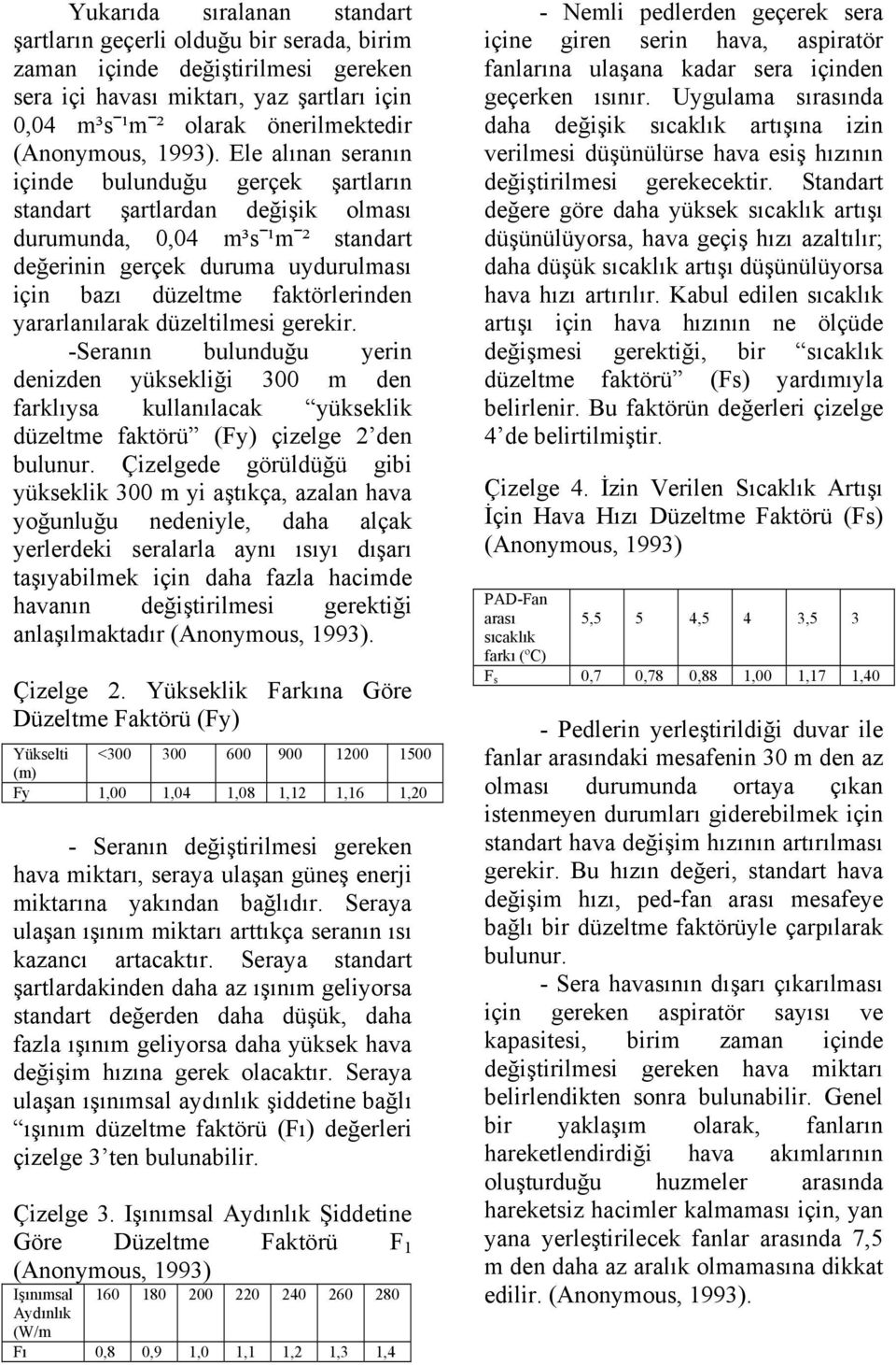 Ele alınan seranın içinde bulunduğu gerçek şartların standart şartlardan değişik olması durumunda, 0,04 m³s ¹m ² standart değerinin gerçek duruma uydurulması için bazı düzeltme faktörlerinden