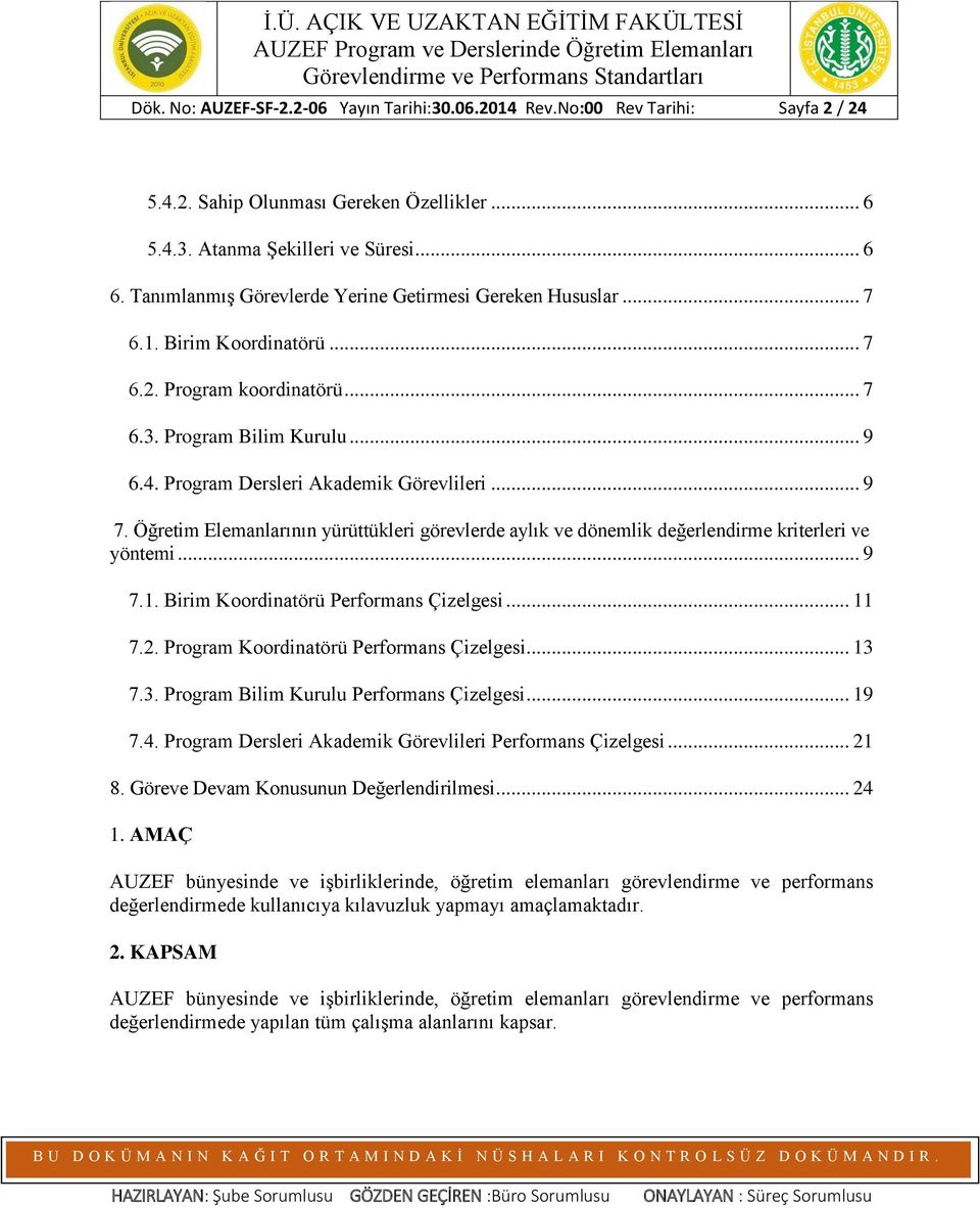 .. 9 7. Öğretim Elemanlarının yürüttükleri görevlerde aylık ve dönemlik değerlendirme kriterleri ve yöntemi... 9 7.1. Birim Koordinatörü Performans Çizelgesi... 11 7.2.