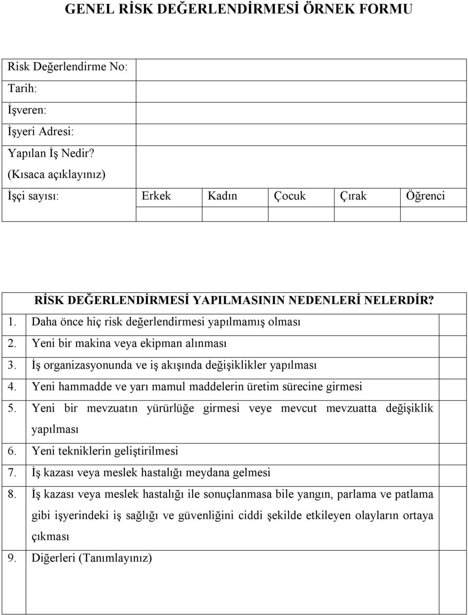 Yeni bir makina veya ekipman alınması 3. İş organizasyonunda ve iş akışında değişiklikler yapılması 4. Yeni hammadde ve yarı mamul maddelerin üretim sürecine girmesi 5.