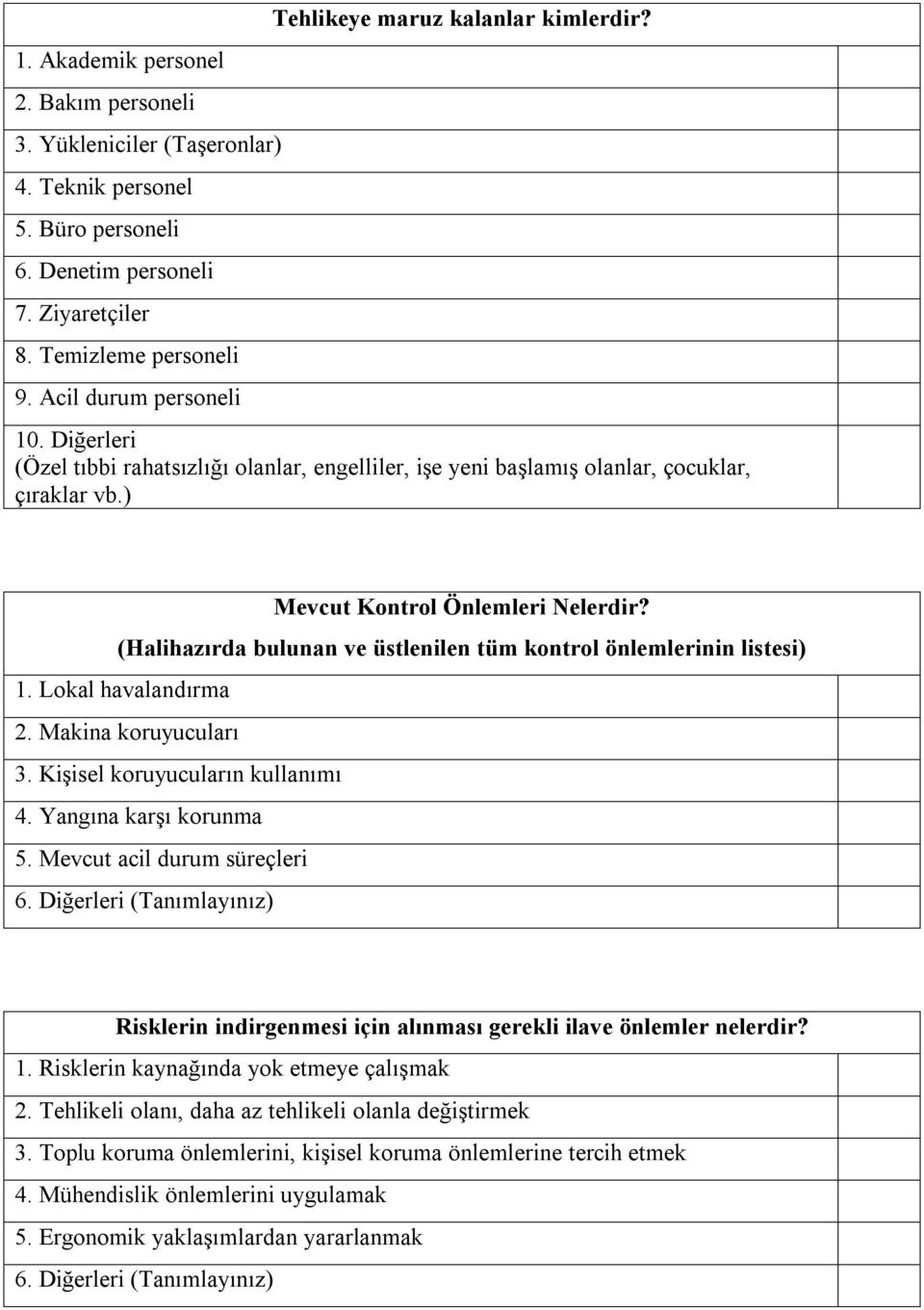 ) Mevcut Kontrol Önlemleri Nelerdir? (Halihazırda bulunan ve üstlenilen tüm kontrol önlemlerinin listesi) 1. Lokal havalandırma 2. Makina koruyucuları 3. Kişisel koruyucuların kullanımı 4.