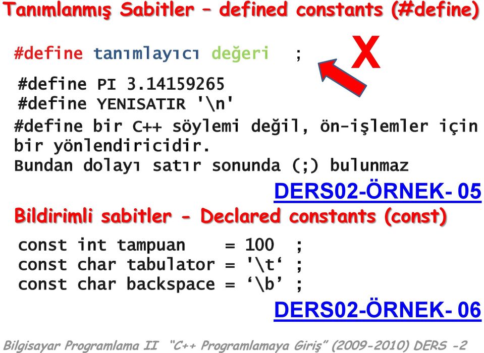 Bundan dolayı satır sonunda (;) bulunmaz Bildirimli sabitler - Declared constants (const) const int