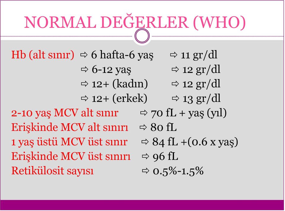 fl + yaş (yıl) Erişkinde MCV alt sınırı 80 fl 1 yaş üstü MCV üst sınır 84
