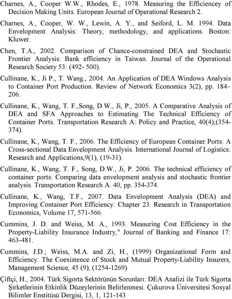 Journal of the Operational Research Society 53: (492-500). Cullinane, K., Ji P., T. Wang., 2004. An Application of DEA Windows Analysis to Container Port Production.